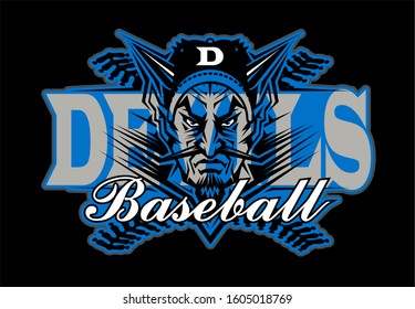 devils baseball team design with mascot wearing ball cap for school, college or league