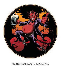 Devil's Beer coaster. Vector illustration in engraving technique of horned red devil in cool cape holding a beer. 