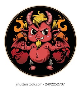 Devil's Beer coaster. Vector illustration in engraving technique of cute horned red little devil. 