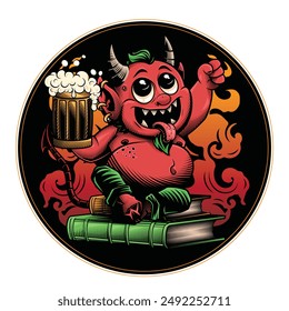 Devil's Beer coaster. Vector illustration in engraving technique of horned red devil holding a beer. 