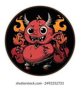 Devil's Beer coaster. Vector illustration in engraving technique of cute horned red little devil. 