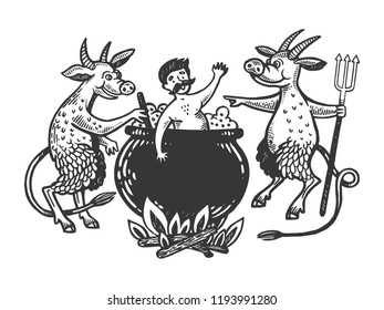Devils boil man in cauldron engraving vector illustration. Scratch board style imitation. Black and white hand drawn image.