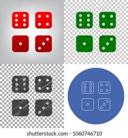 Devils bones, Ivories sign. Vector. 4 styles. Red gradient in radial lighted background, green flat and gray scribble icons on transparent and linear one in blue circle.