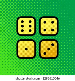 Devils bones, Ivories sign. Vector. Pop art orange to yellow dots-gradient icon with black contour at greenish background.