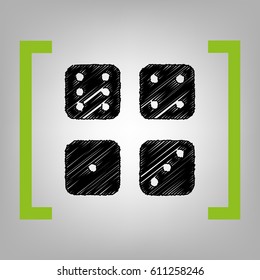 Devils bones, Ivories sign. Vector. Black scribble icon in citron brackets on grayish background.