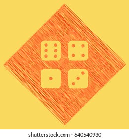 Devils bones, Ivories sign. Vector. Red scribble icon obtained as a result of subtraction rhomb and path. Royal yellow background.