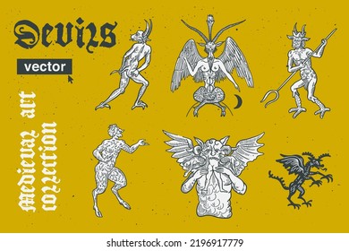 Devils collection vector engraving style illustration. Medieval art with blackletter calligraphy. Perfect for retro labels, vintage logos, music album covers, circus posters, potions packaging, etc.