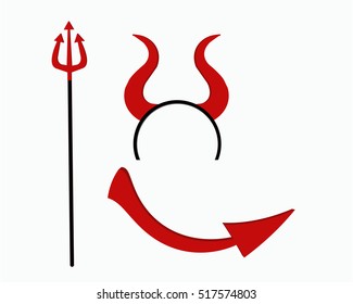 Devils curved horns head gear with trident and tail.