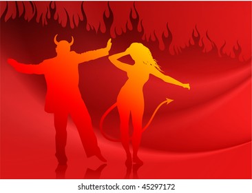 Devils dancing on Red Fire Background Original Vector Illustration EPS10