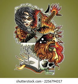 the devil's face on the castle and the woman's face emitting smoke at the back of the castle, then on the part of the castle floor that looks liquid and hits the book