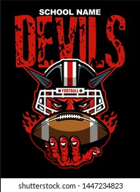 devils football mascot wearing facemask and holding ball for school, college or league