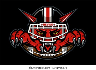 devils football team design with mascot wearing facemask and half ball for school, college or league