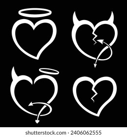 Corazón del diablo, corazón del ángel, corazón roto. Colección del corazón del diablo y del ángel. Vector e Ilustración.