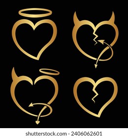 Devil's Heart, Angel's Heart, Broken Heart. Devil's and Angel's Heart Collection. Vector and Illustration.