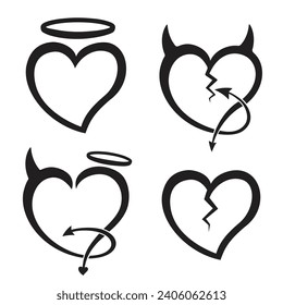 Corazón del diablo, corazón del ángel, corazón roto. Colección del corazón del diablo y del ángel. Vector e Ilustración.