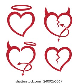 Devil's Heart, Angel's Heart, Broken Heart. Devil's and Angel's Heart Collection. Vector and Illustration.