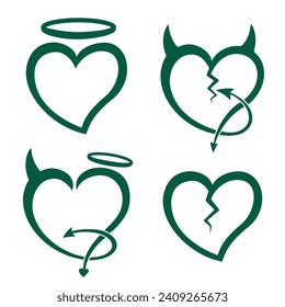 Devil's Heart, Angel's Heart, Broken Heart. Devil's and Angel's Heart Collection. Vector and Illustration.