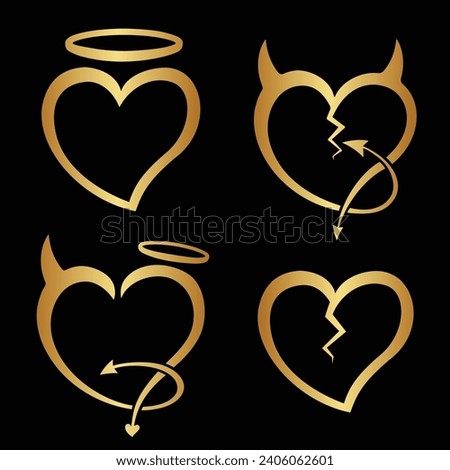 Devil's Heart, Angel's Heart, Broken Heart. Devil's and Angel's Heart Collection. Vector and Illustration.