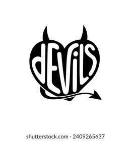 Devils el corazón con el diseño de letras de cuernos. Vector e ilustración.