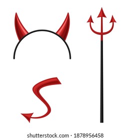 Devils horns head gear, trident and tail isolated on white background. Demon costume, halloween mask, party time, devil wears. Vector illustration