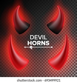 Devils Horns Vector. Red Luminous Horn. Isolated On White Background Illustration. Halloween Evil Horns. Transparent