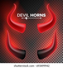 Devils Horns Vector. Red Luminous Horn. Realistic Red And Black Devil Horns Set. Isolated On Transparent Illustration. 
