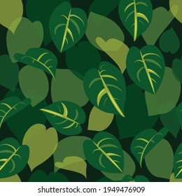 Devils Ivy, Pothos Plant Leaf, Jungle Green Wall, Hedge, Seamless Vector Background Wallpaper Texture Pattern. Modern, Simple, Minimalist Design With Variegated Shades Of Dark And Light Green Leaves