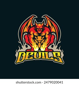 Devils mascot logo design vector with modern illustration concept style for badge, emblem and t shirt printing. Devils illustration with fire in hand.