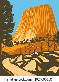 Devils Tower National Monument in Bear Lodge Ranger District of the Black Hills in Wyoming WPA Poster Art