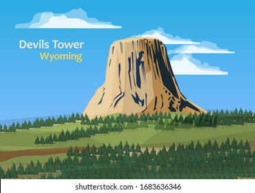 Devils Tower national monument in northeast Wyoming, United States, vector illustration