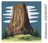 Devils Tower National Monument USA Vector Drawing, Clipart Cartoon Style