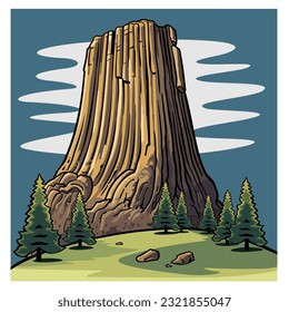 Devils Tower National Monument USA Vector Drawing, Estilo de dibujos animados de clipart