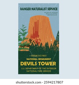 Devils Tower National Park vector template. Wyoming landmark illustration in emblem patch style.