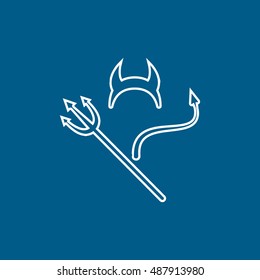 Devils Trident Horn And Tail Halloween Concept Line Icon On Blue Background