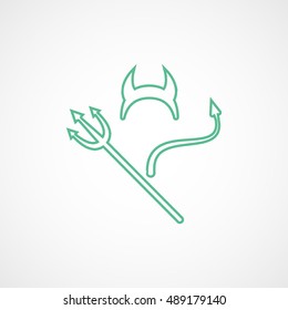 Devils Trident Horn And Tail Halloween Concept Green Line Icon On White Background