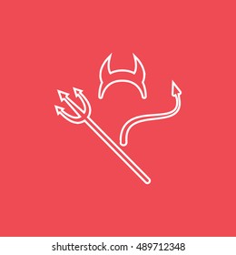 Devils Trident Horn And Tail Halloween Concept Line Icon On Red Background