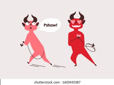 Devils unrequited love flat vector illustration. Strong affection, friend zone, obsession concept. Red demon neglecting admirer feelings cartoon characters. Funny hell creature walking away from lover