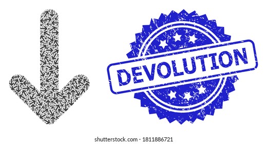 Devolution dirty stamp and vector recursive collage down arrow. Blue stamp includes Devolution tag inside rosette. Vector collage is formed from randomized rotated down arrow items.