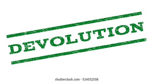 Devolution watermark stamp. Text caption between parallel lines with grunge design style. Rubber seal stamp with scratched texture. Vector green color ink imprint on a white background.