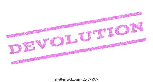 Devolution watermark stamp. Text tag between parallel lines with grunge design style. Rubber seal stamp with dirty texture. Vector violet color ink imprint on a white background.