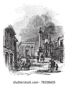 Devonport en Devon, Inglaterra, Reino Unido, durante la década de 1890, grabado vintage. Antigua ilustración de Devonport mostrando el ayuntamiento y la columna. Enciclopedia Trousset
