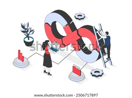 DevOps 3d isometric concept with isometry people design for web. Man and woman developing and programming in team, using agile development operations architecture in work process. Vector illustration.