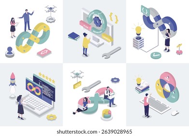 DevOps 3d isometry concept for web design. Collection set with isometric people using agile development operation practice, programming, creating and release products cycles. Vector illustration.