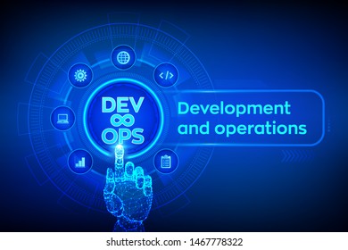 Devops. Agile development and optimisation concept on virtual screen. Software engineering. Software development practices methodology. Robotic hand touching digital interface. Vector illustration.
