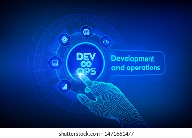 Devops. Agile development and optimisation concept on virtual screen. Software engineering. Software development practices methodology. Robotic hand touching digital interface. Vector illustration.