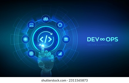 Devops. Agile development and optimisation concept on virtual screen. Software engineering. Software development practices methodology. Robotic hand touching digital interface. Vector illustration.