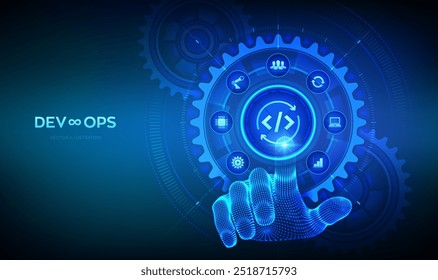 Devops. Desenvolvimento ágil e conceito de otimização. Engenharia de software. Metodologia de práticas de desenvolvimento de software. Mão tocando interface digital com engrenagens conectadas engrenagens engrenagens engrenagens e ícones. Vetor.