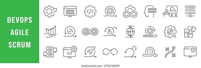 DevOps Agile Scrum icon set illustrating software development workflows, automation