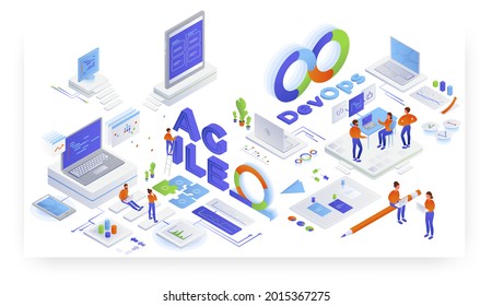 Devops and Agile software development, teamwork, vector isometric illustration.