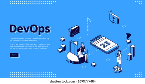 DevOps banner. Concept of development operations, communication of programmers and engineers. Vector landing page of project integration with isometric working people, chart and calendar